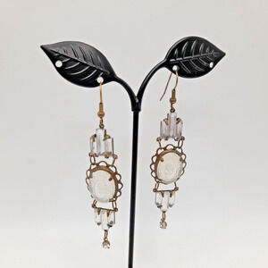 Art Deco Vauxhall Glass Reverse Carved Earrings , 3 1/2 In